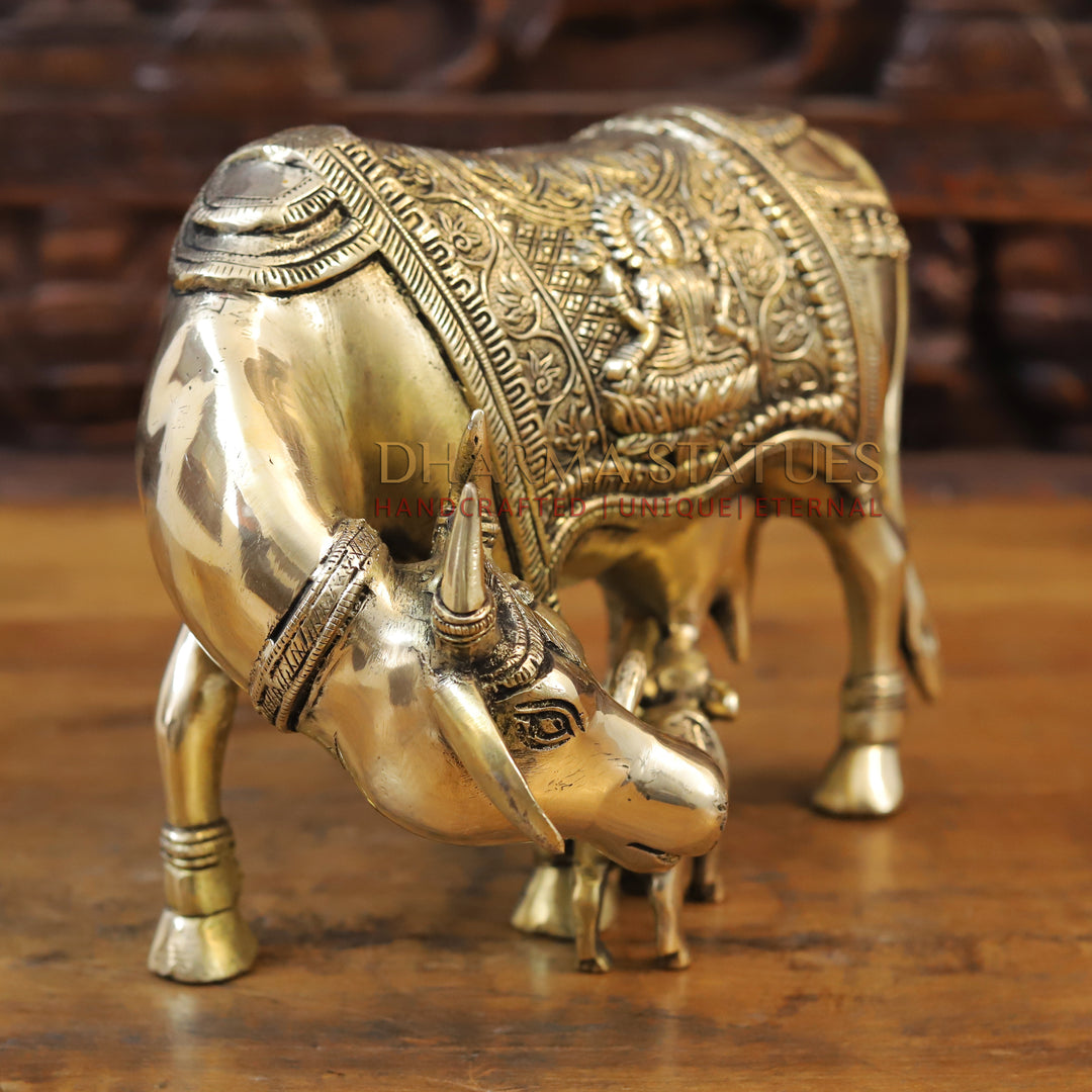 Brass Cow and Calf with Lakshmi Embosed on Back, Smooth finish 11.5”