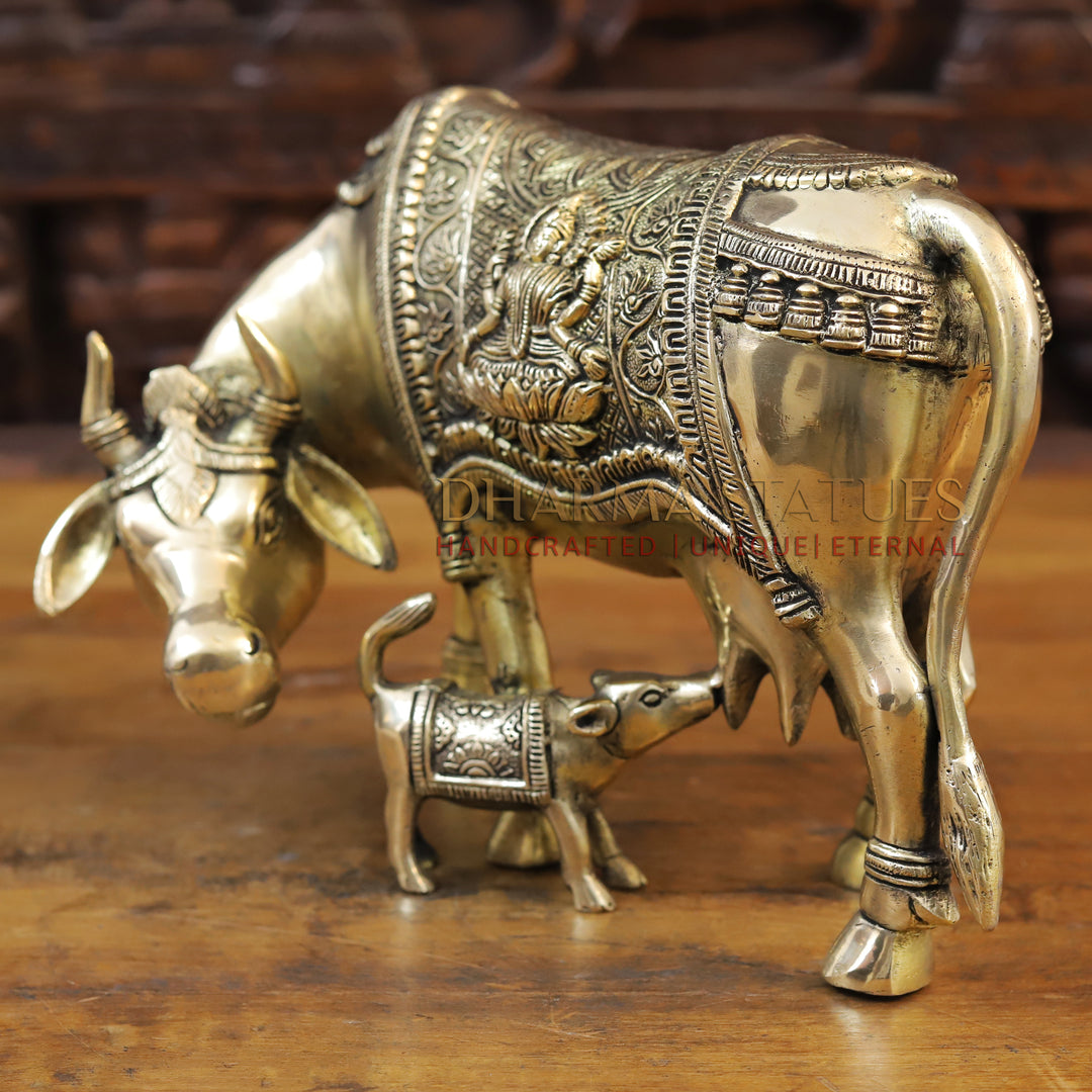 Brass Cow and Calf with Lakshmi Embosed on Back, Smooth finish 11.5”