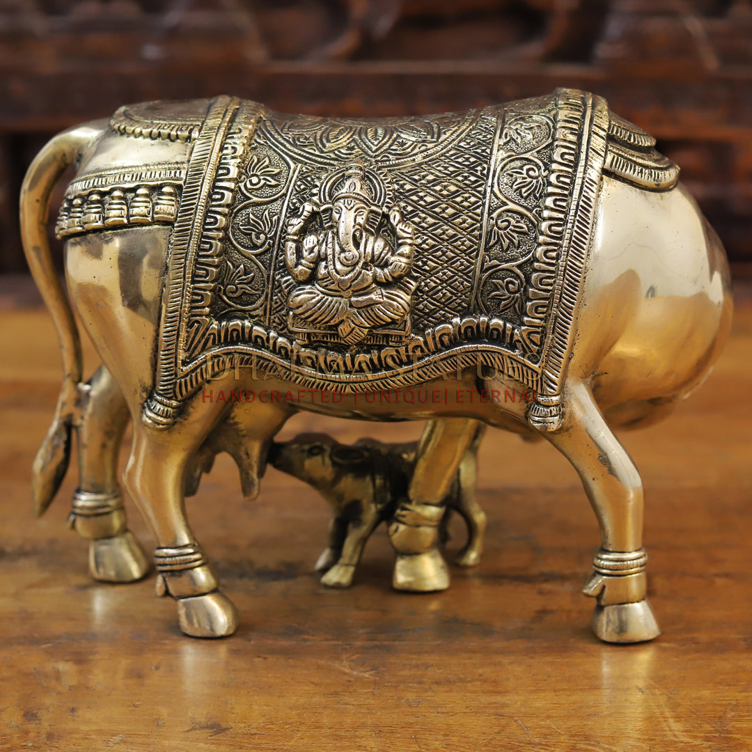 Brass Cow and Calf with Lakshmi Embosed on Back, Smooth finish 11.5”