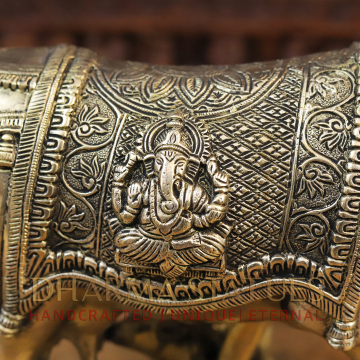 Brass Cow and Calf with Lakshmi Embosed on Back, Smooth finish 11.5”