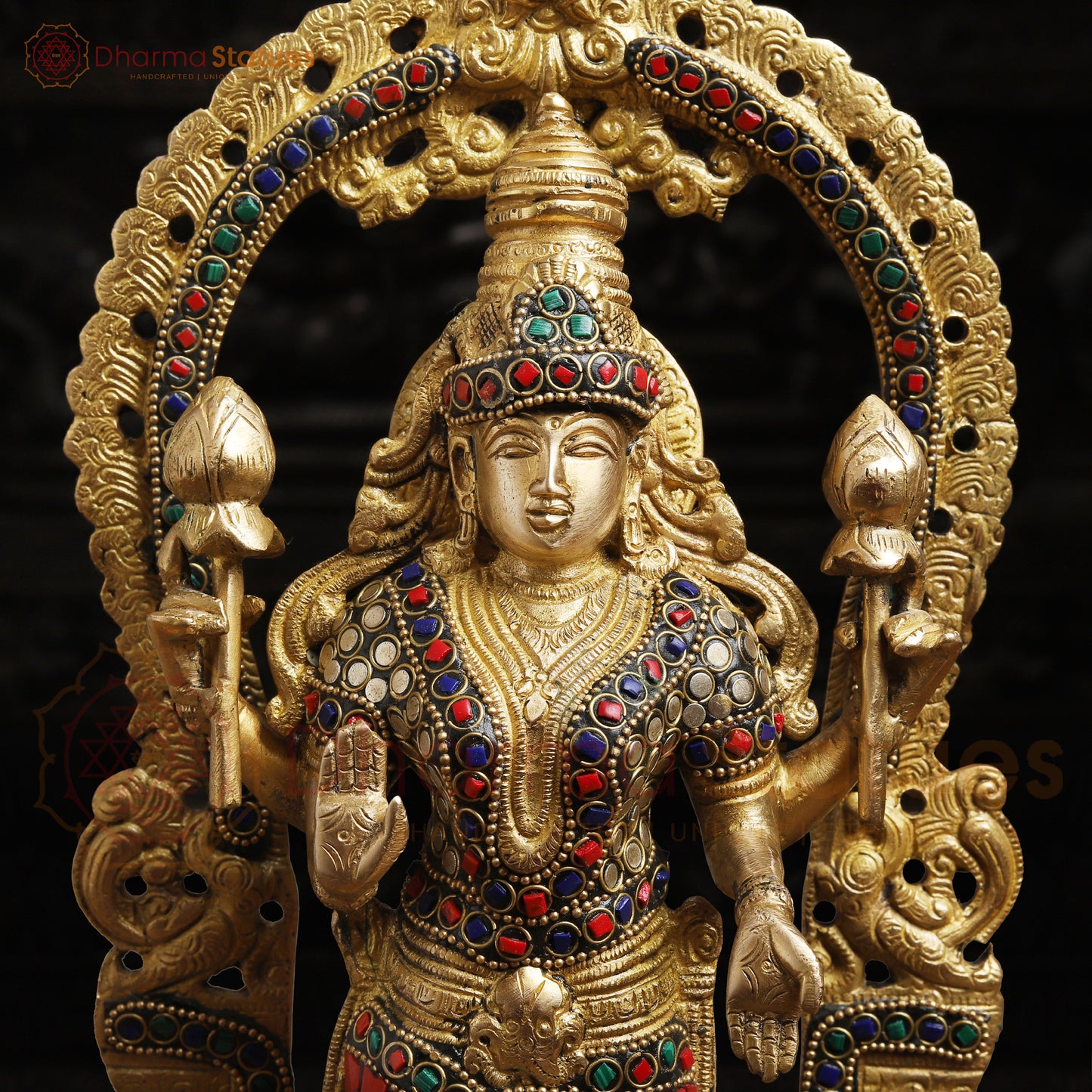 Brass Vishnu Lakshmi Idol | Standing on a Base with Back Frame 15.5 "