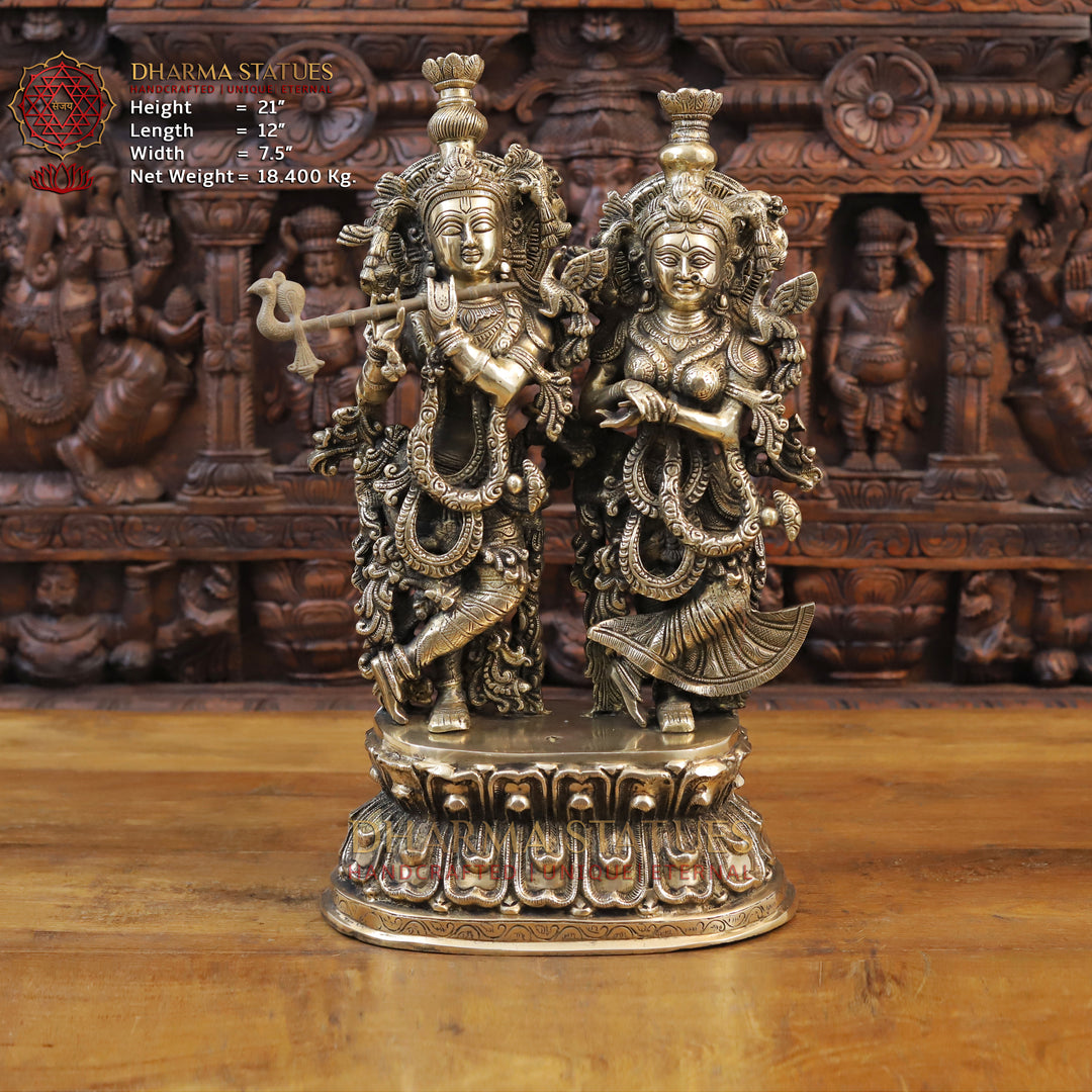 Brass Radha Krishna Statue on Single base, Smooth Finish, 21” Front View