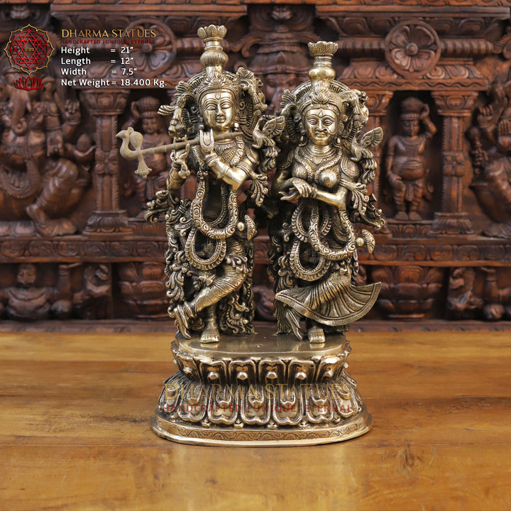 Brass Radha Krishna Statue on Single base, Smooth Finish, 21” Front View