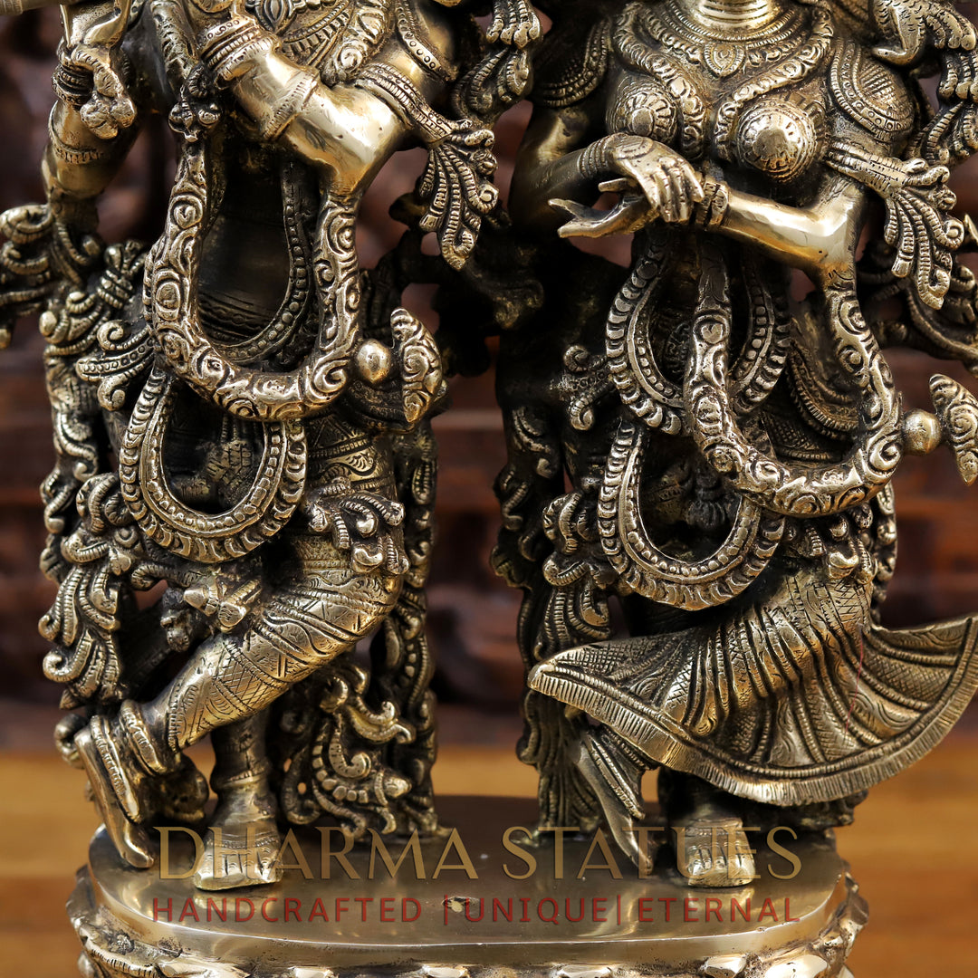 Brass Radha Krishna Statue, Playing flute on Lotus Pedastal, Gold Antique Finish, 21”