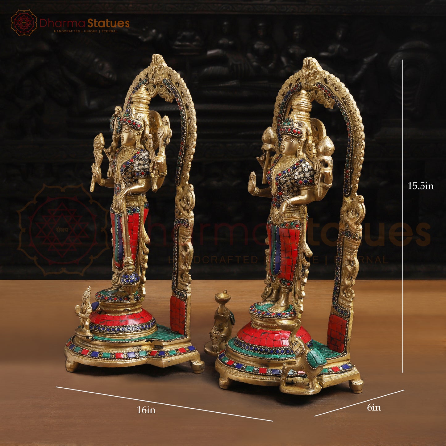 Brass Vishnu Lakshmi Idol | Standing on a Base with Back Frame 15.5 "