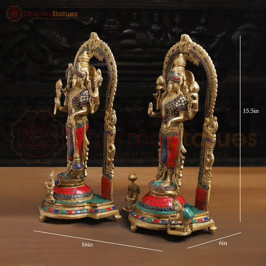 Brass Vishnu Lakshmi Idol | Standing on a Base with Back Frame 15.5 "