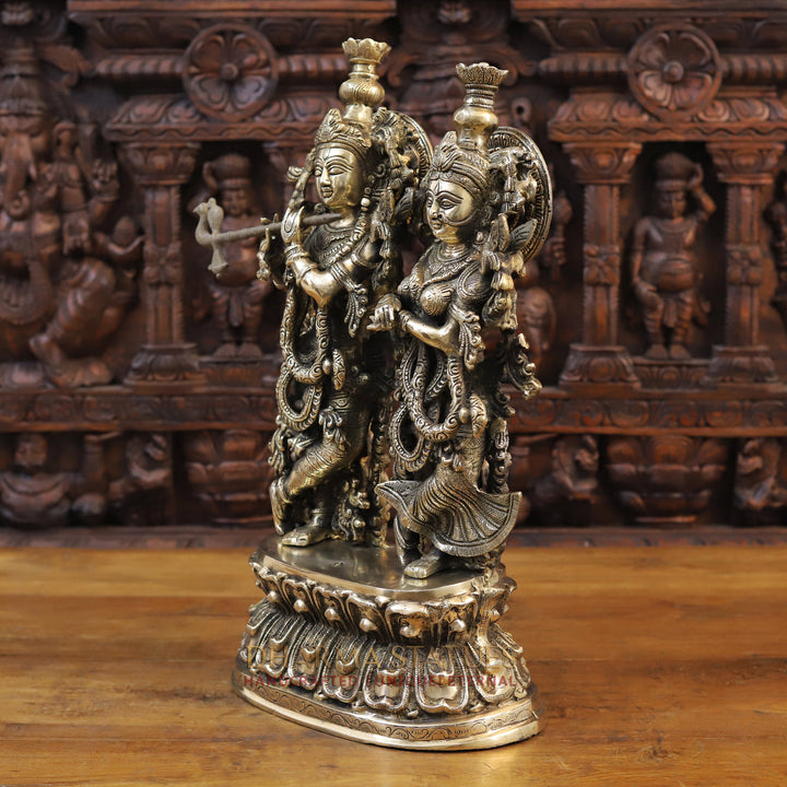 Brass Radha Krishna Statue, Playing flute on Lotus Pedastal, Gold Antique Finish, 21”