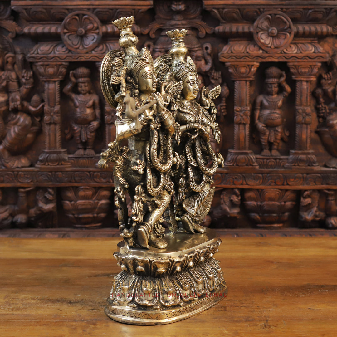 Brass Radha Krishna Statue, Playing flute on Lotus Pedastal, Gold Antique Finish, 21”