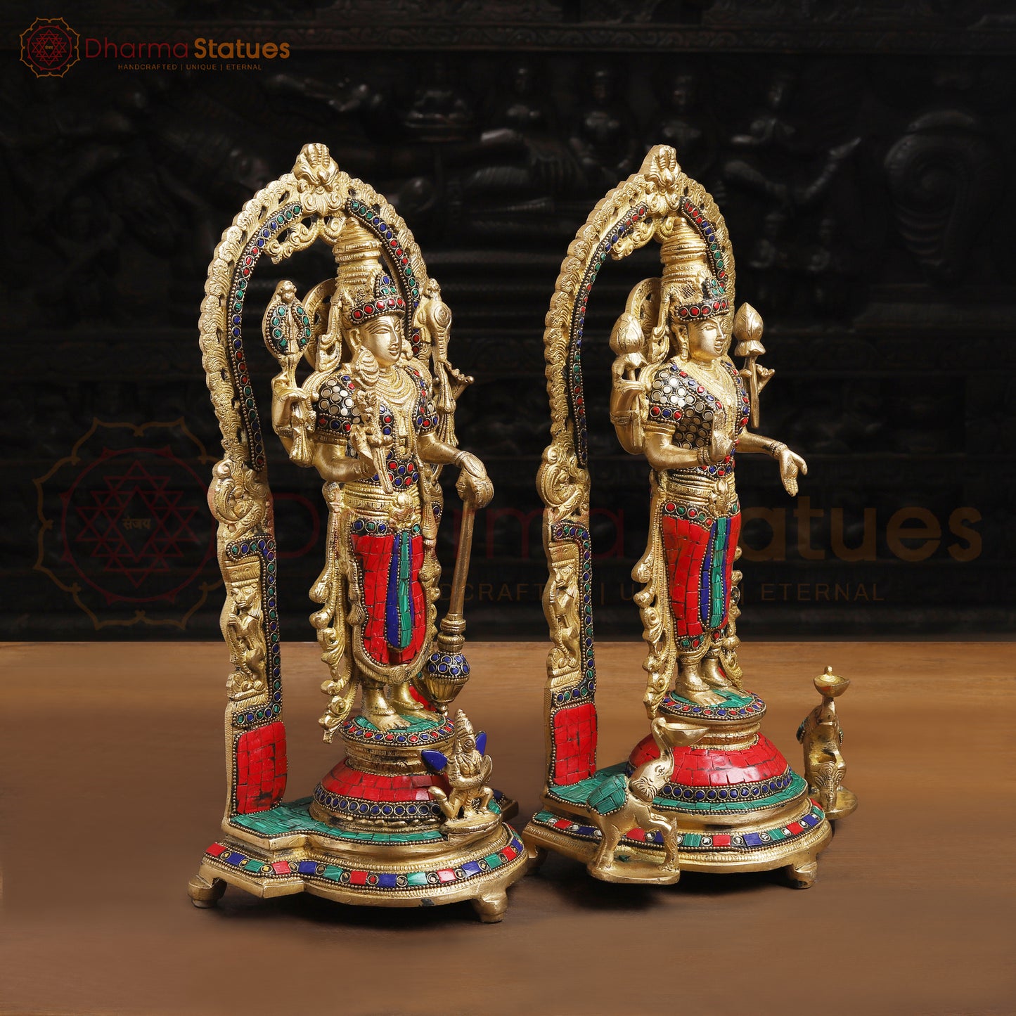 Brass Vishnu Lakshmi Idol | Standing on a Base with Back Frame 15.5 "