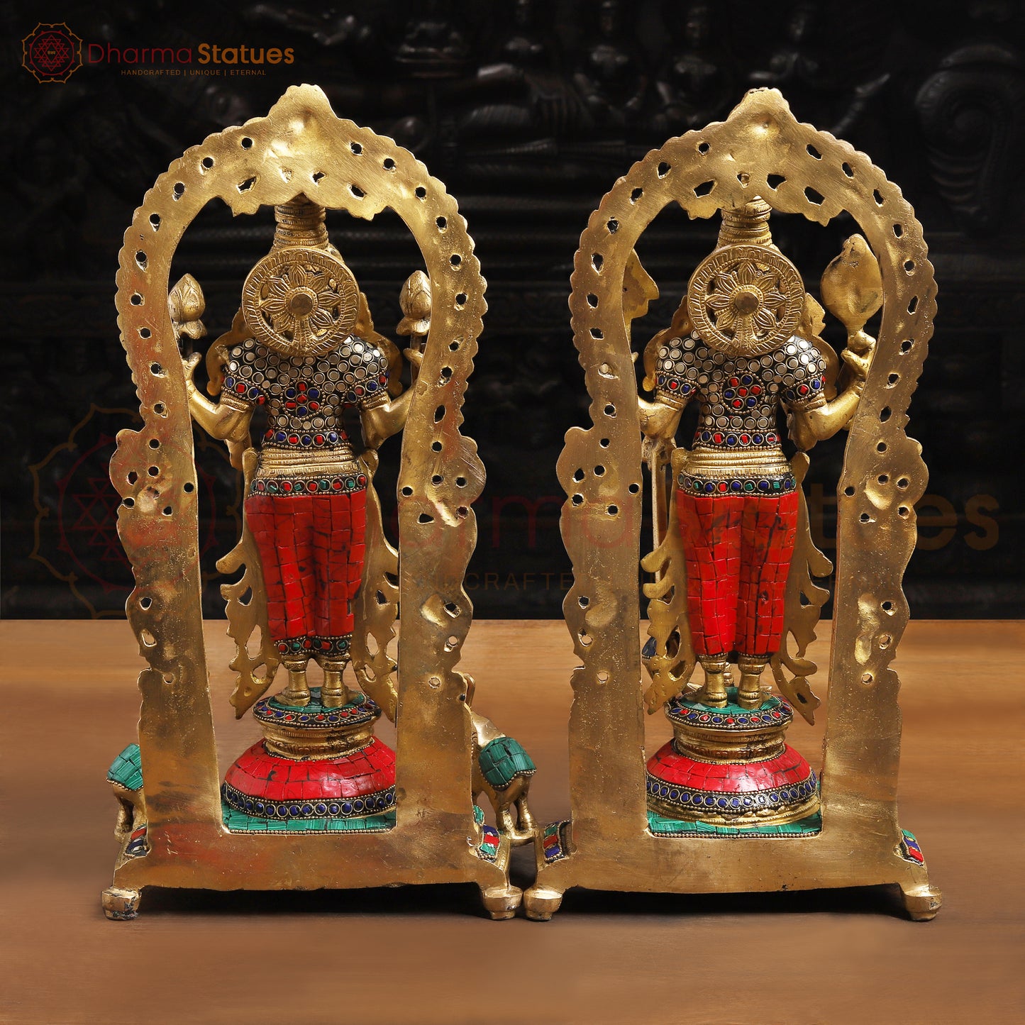 Brass Vishnu Lakshmi Idol | Standing on a Base with Back Frame 15.5 "