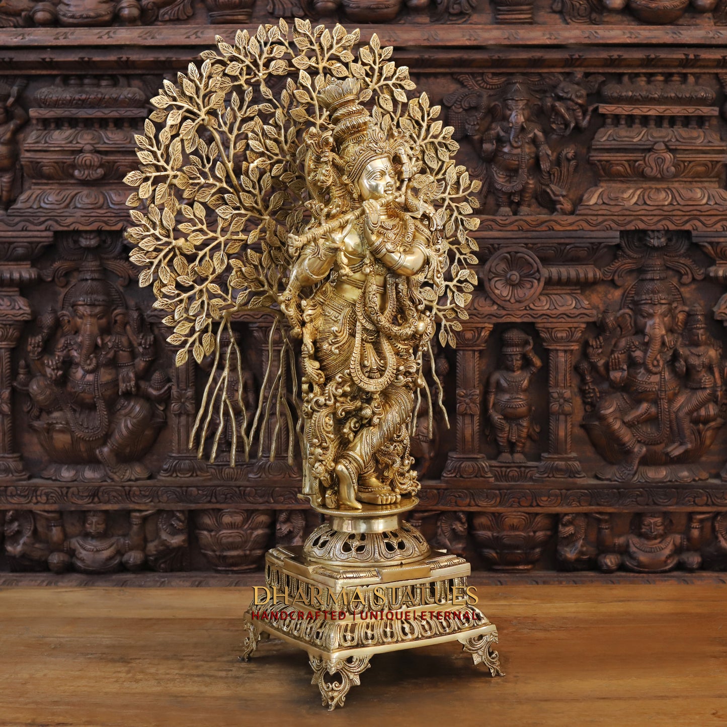 Brass Lord Krishna Idol, Seating Under a Tree, Fine Golden Finish 35"