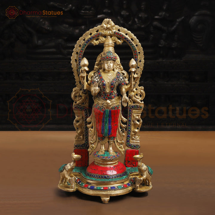 Lakshmi Brass Statue, Standing on a Throne, Golden finish with Stone Work 15.5"