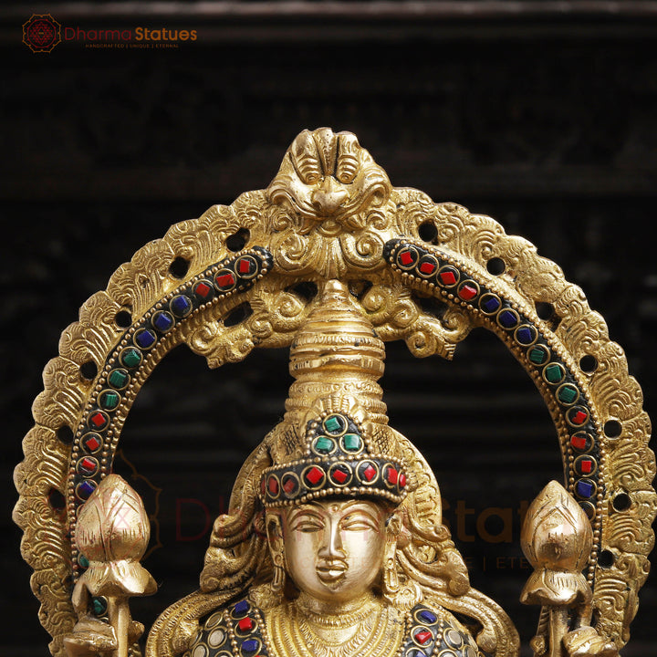 Lakshmi Brass Statue, Standing on a Throne, Golden finish with Stone Work 15.5"