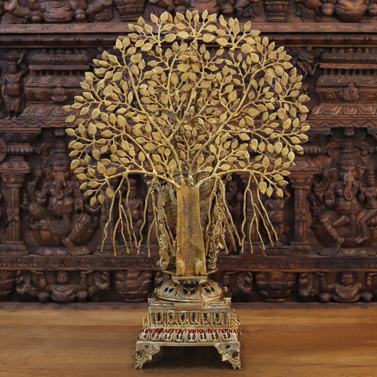Brass Lord Krishna Idol, Seating Under a Tree, Fine Golden Finish 35"
