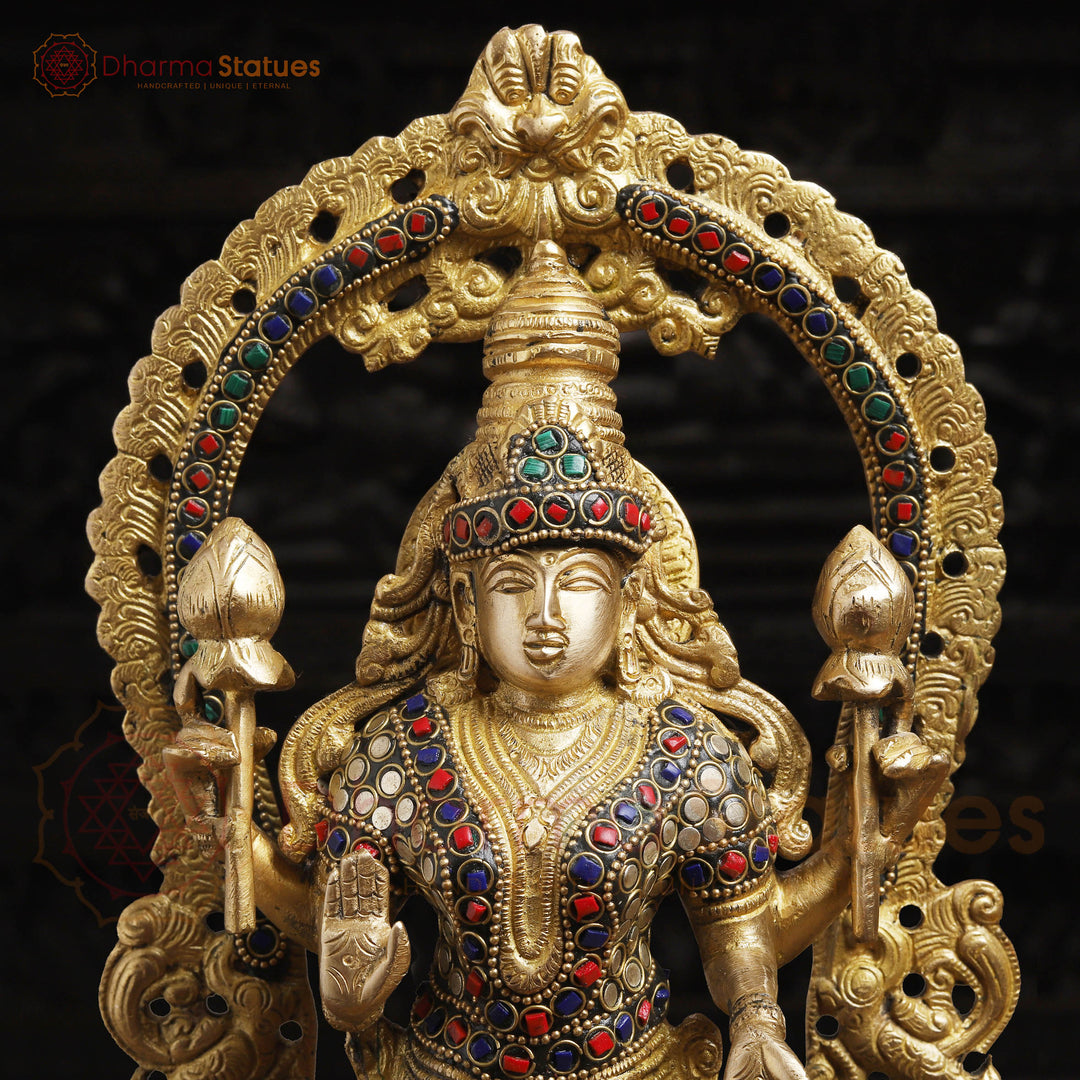 Lakshmi Brass Statue, Standing on a Throne, Golden finish with Stone Work 15.5"