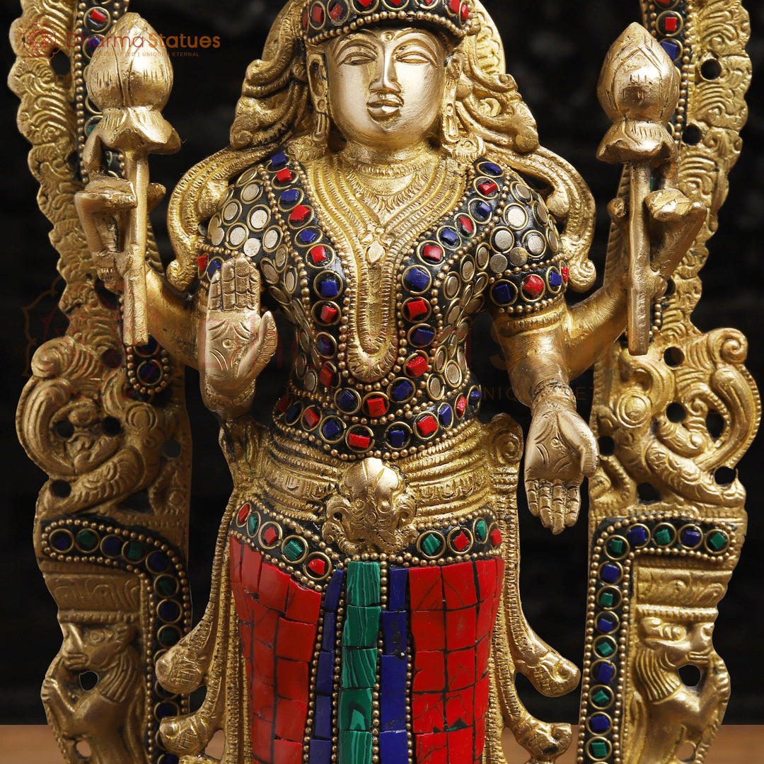 Lakshmi Brass Statue, Standing on a Throne, Golden finish with Stone Work 15.5"