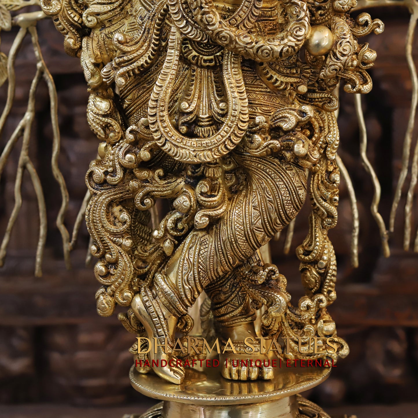 Brass Lord Krishna Idol, Seating Under a Tree, Fine Golden Finish 35"