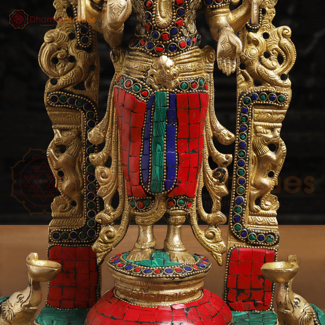 Lakshmi Brass Statue, Standing on a Throne, Golden finish with Stone Work 15.5"