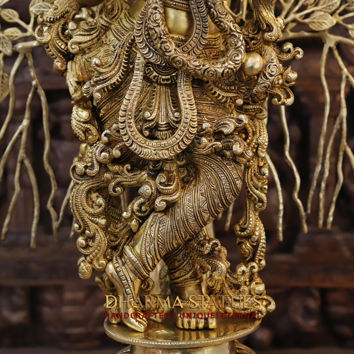 Brass Lord Krishna Idol, Seating Under a Tree, Fine Golden Finish 35"