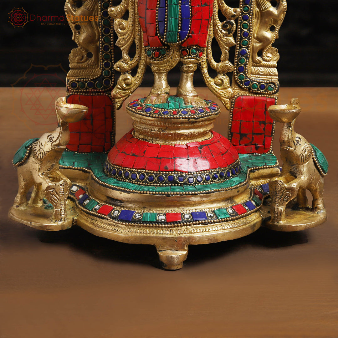 Lakshmi Brass Statue, Standing on a Throne, Golden finish with Stone Work 15.5"