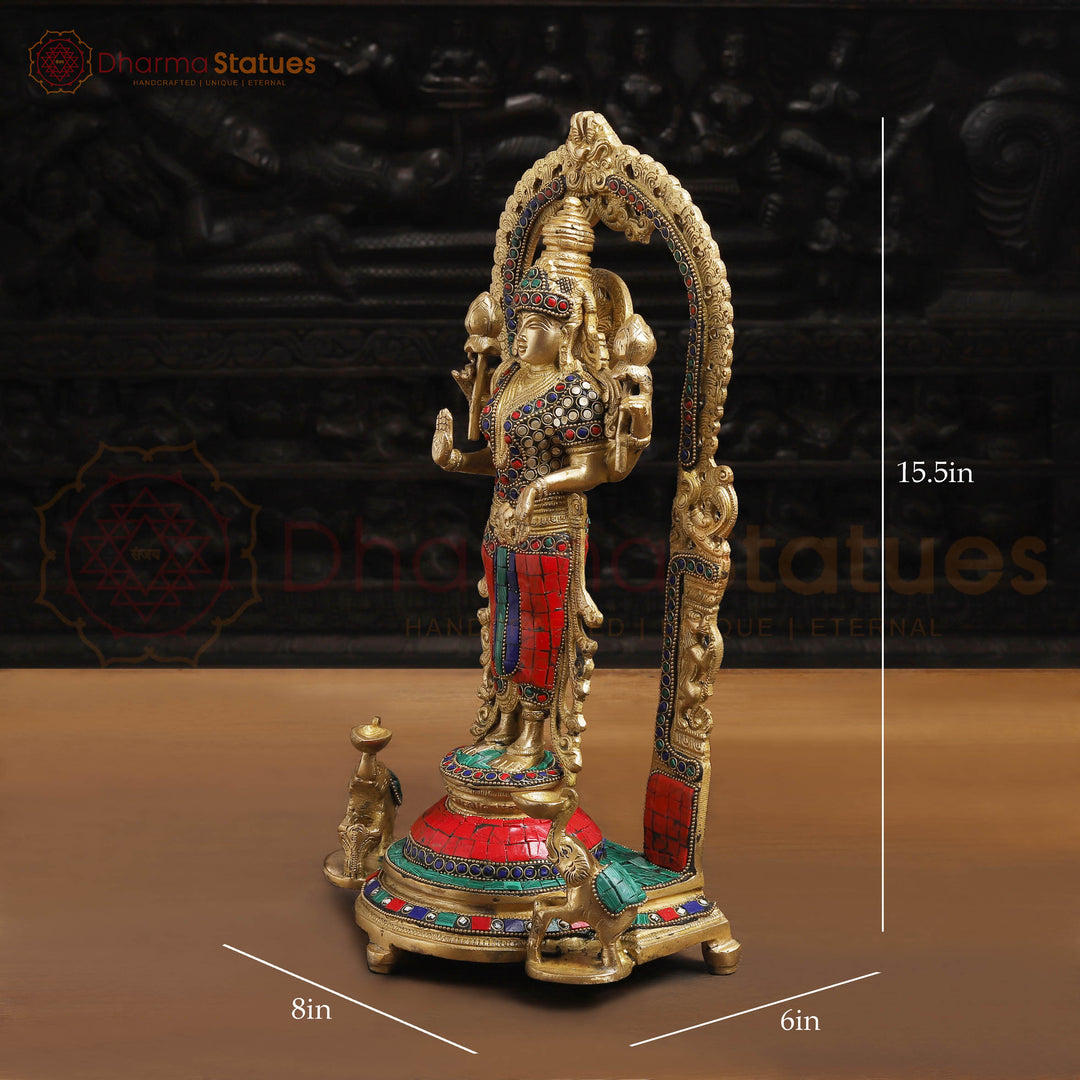 Lakshmi Brass Statue, Standing on a Throne, Golden finish with Stone Work 15.5"