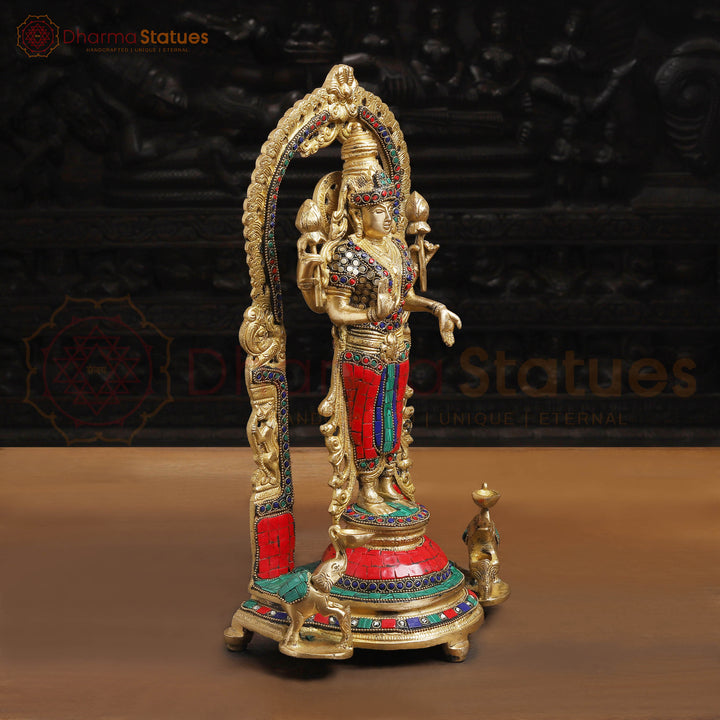 Lakshmi Brass Statue, Standing on a Throne, Golden finish with Stone Work 15.5"