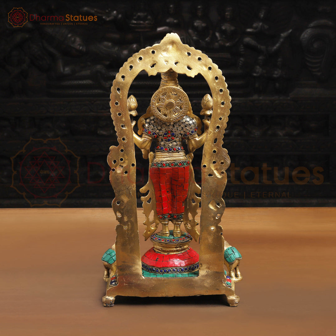 Lakshmi Brass Statue, Standing on a Throne, Golden finish with Stone Work 15.5"