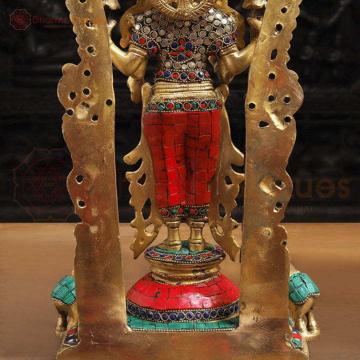 Lakshmi Brass Statue, Standing on a Throne, Golden finish with Stone Work 15.5"