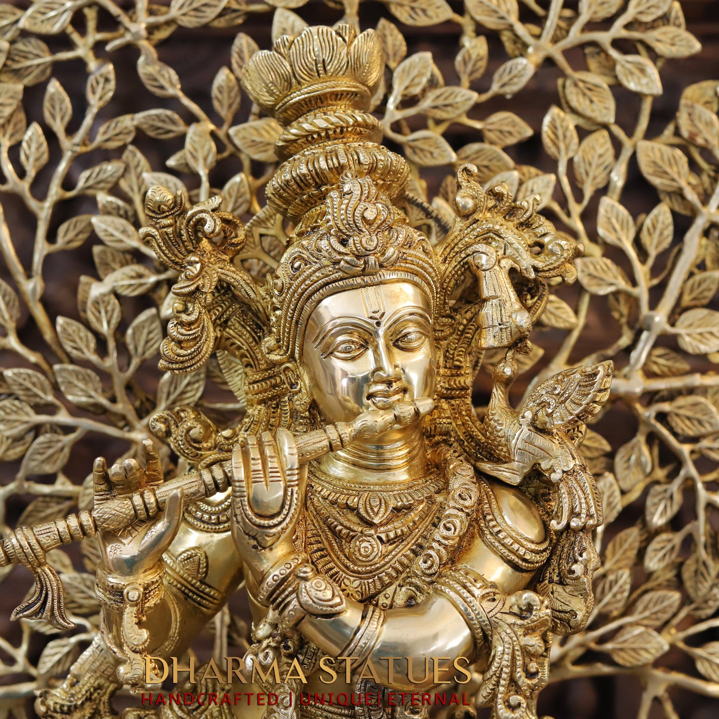 Brass Lord Krishna Idol, Seating Under a Tree, Fine Golden Finish 35"