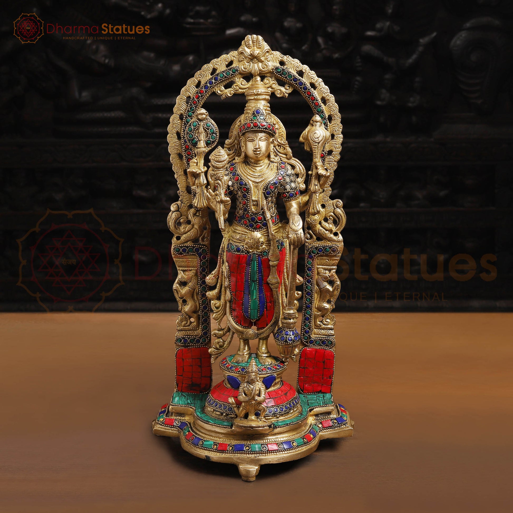 Brass Vishnu with Frame,  Golden Finishes and Stone work, 15.5" Front View