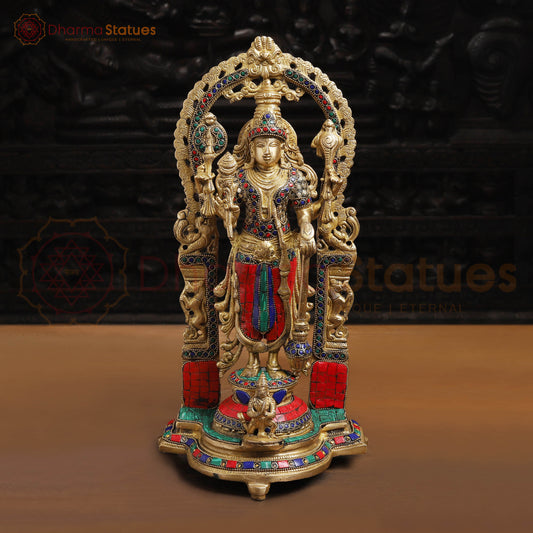 Brass Vishnu with Frame,  Golden Finishes and Stone work, 15.5" Front View