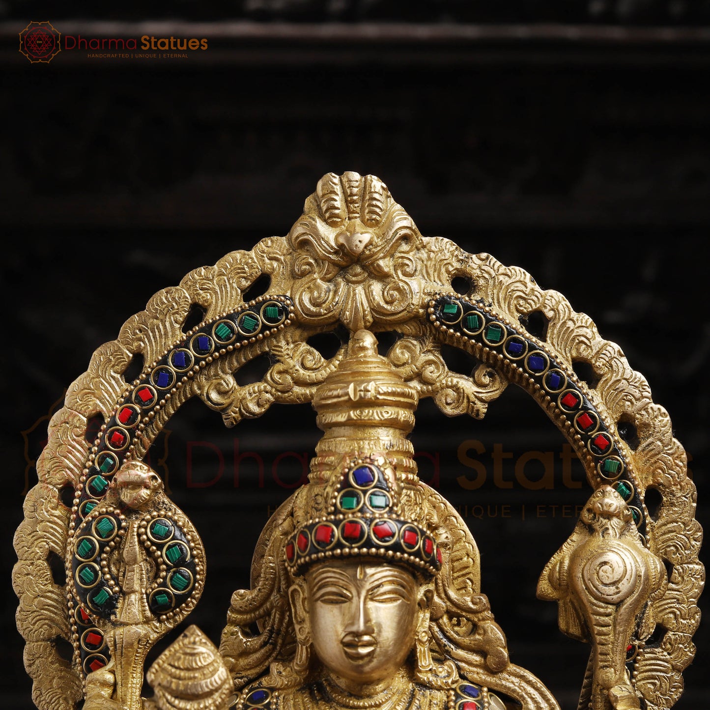 Brass Vishnu with Frame,  Golden Finishe and Stone work, 15.5"