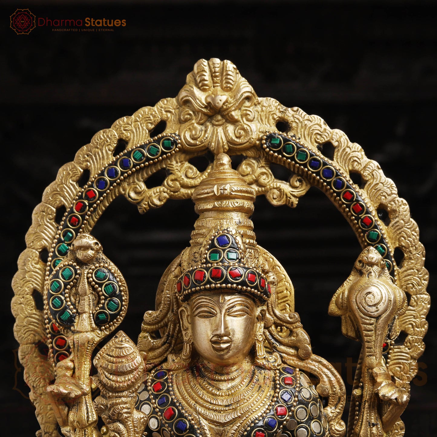 Brass Vishnu with Frame,  Golden Finishe and Stone work, 15.5"