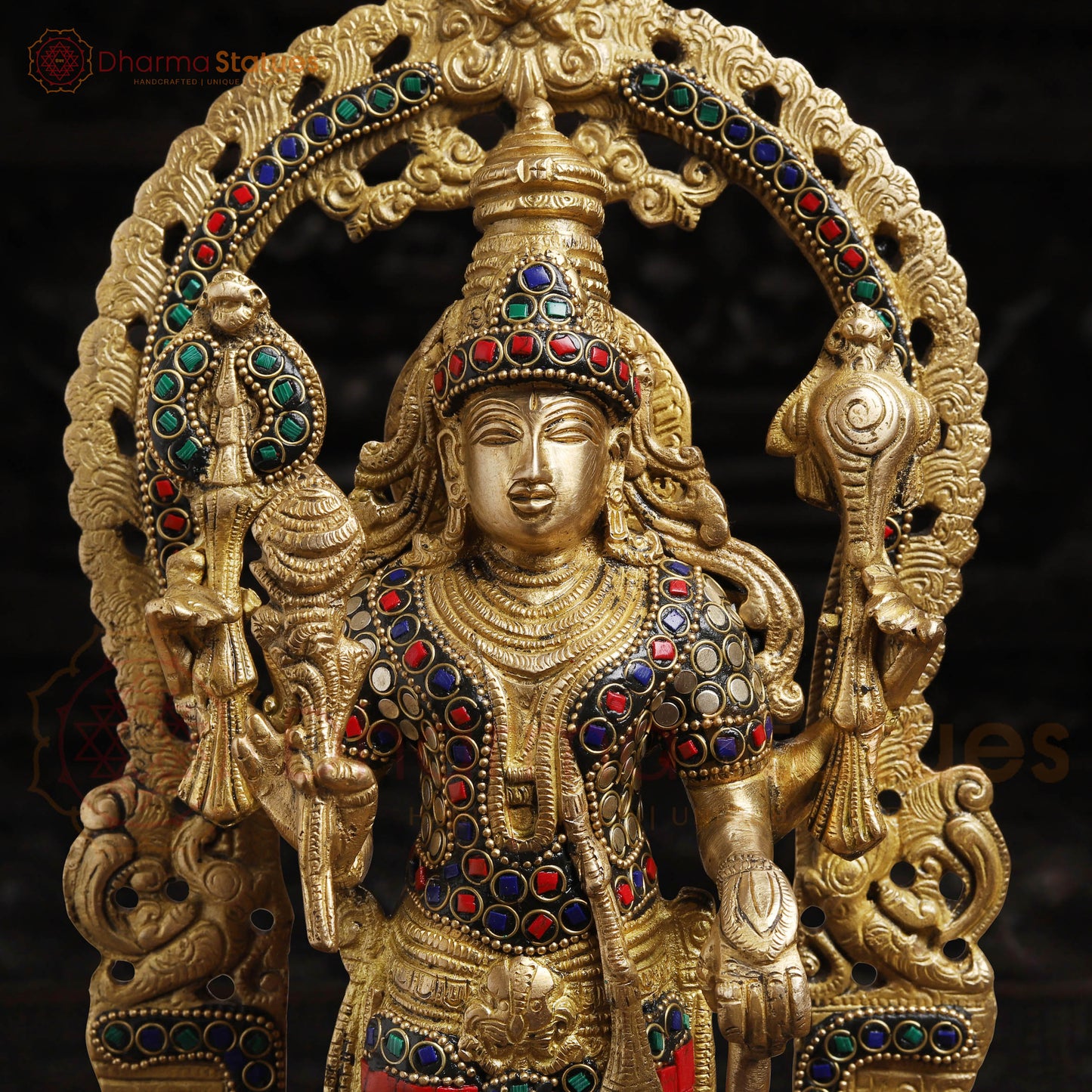 Brass Vishnu with Frame,  Golden Finishe and Stone work, 15.5"