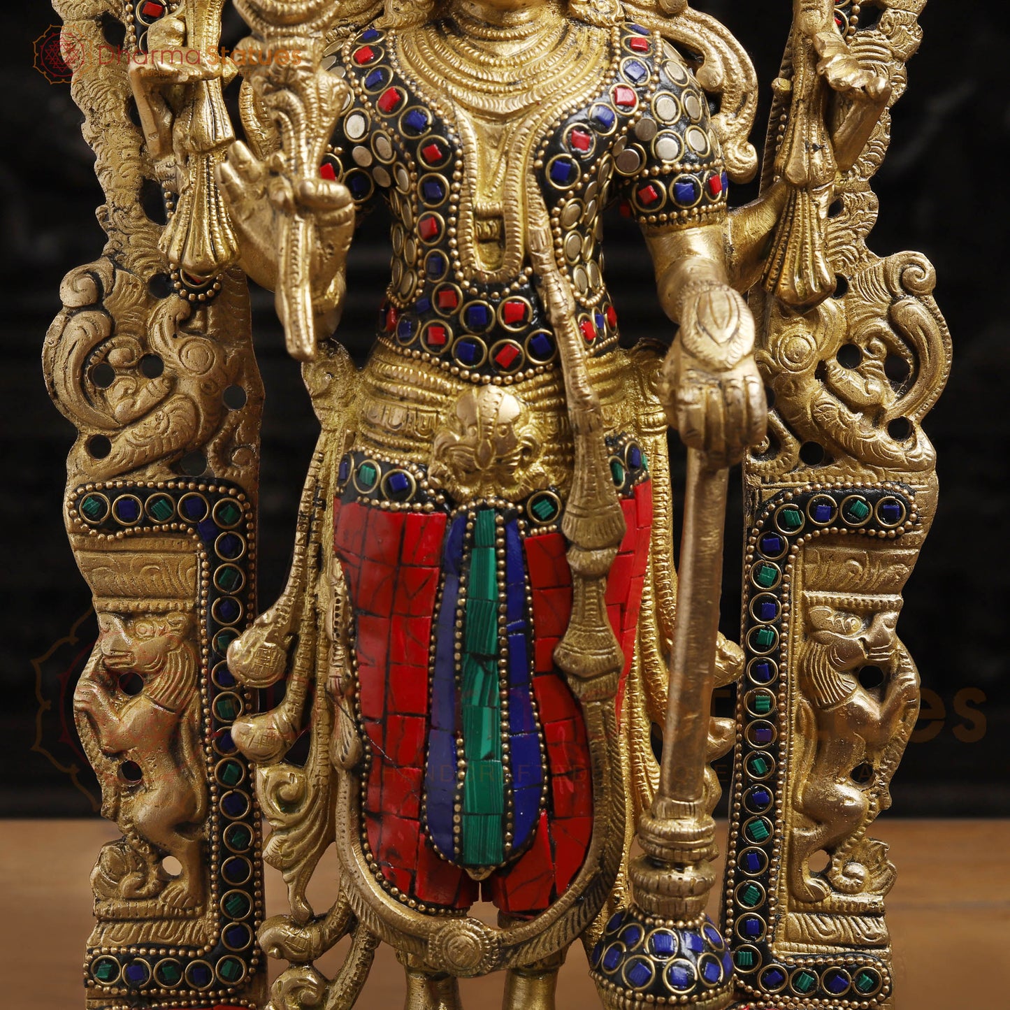 Brass Vishnu with Frame,  Golden Finishe and Stone work, 15.5"