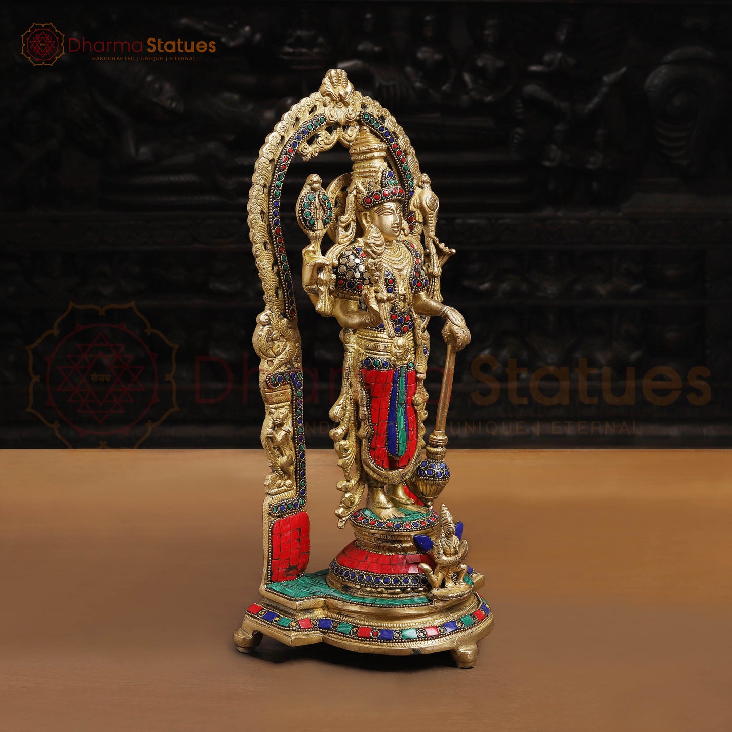 Brass Vishnu with Frame,  Golden Finishe and Stone work, 15.5"
