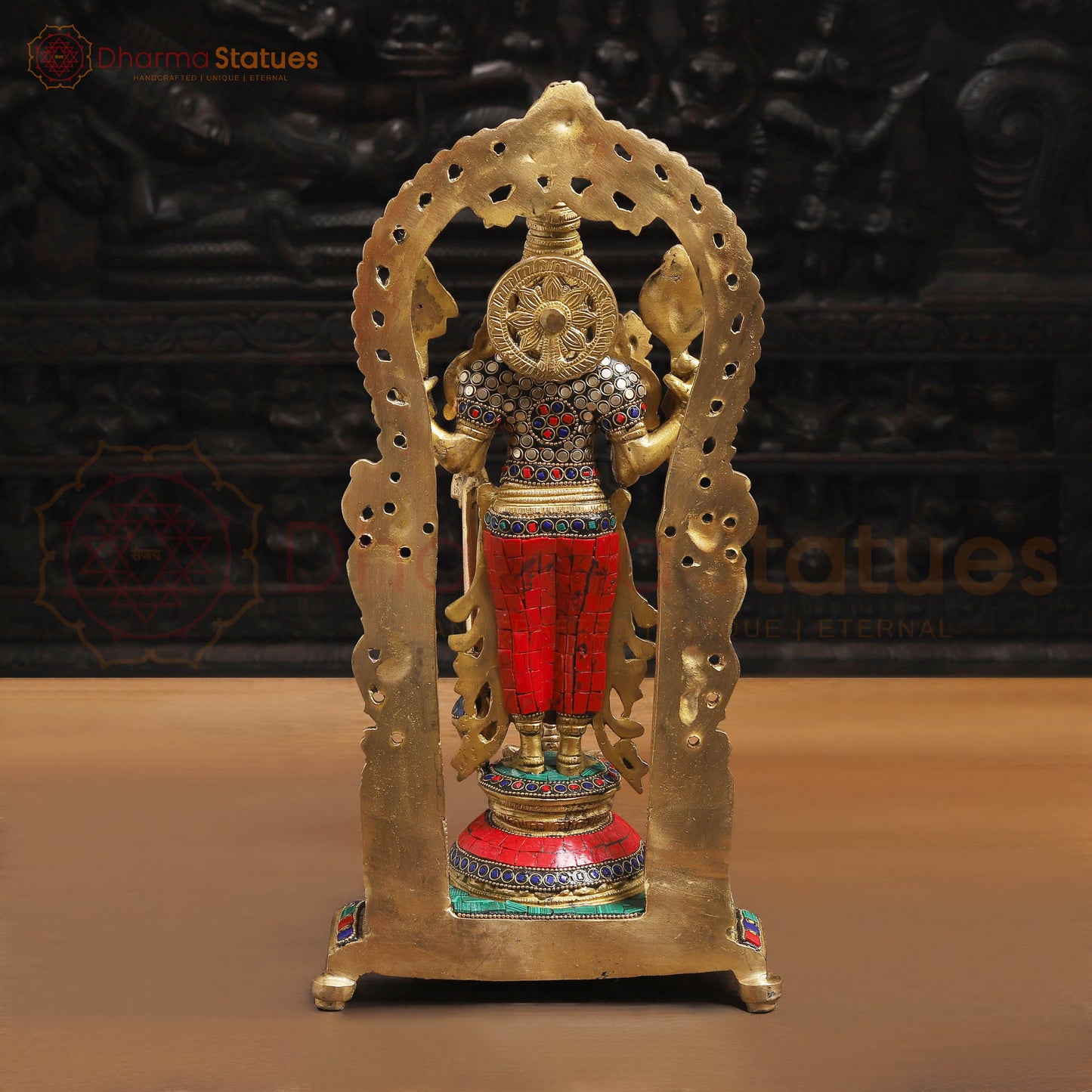 Brass Vishnu with Frame,  Golden Finishe and Stone work, 15.5"