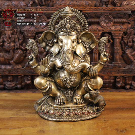 Brass Ganesh Idol, Seated with Mouse, Fine Golden Finish 23.5"