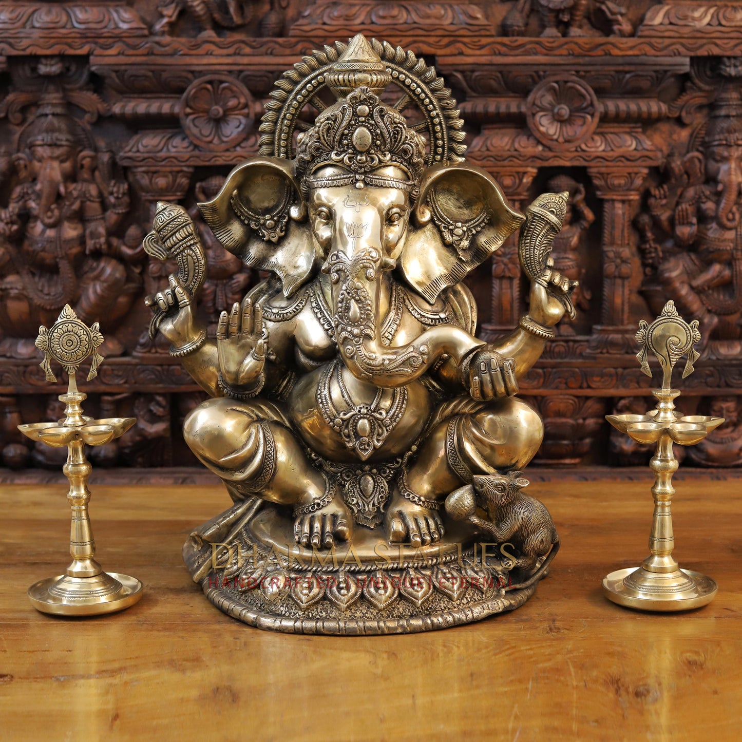 Brass Ganesh Idol, Seated with Mouse, Fine Golden Finish 23.5"