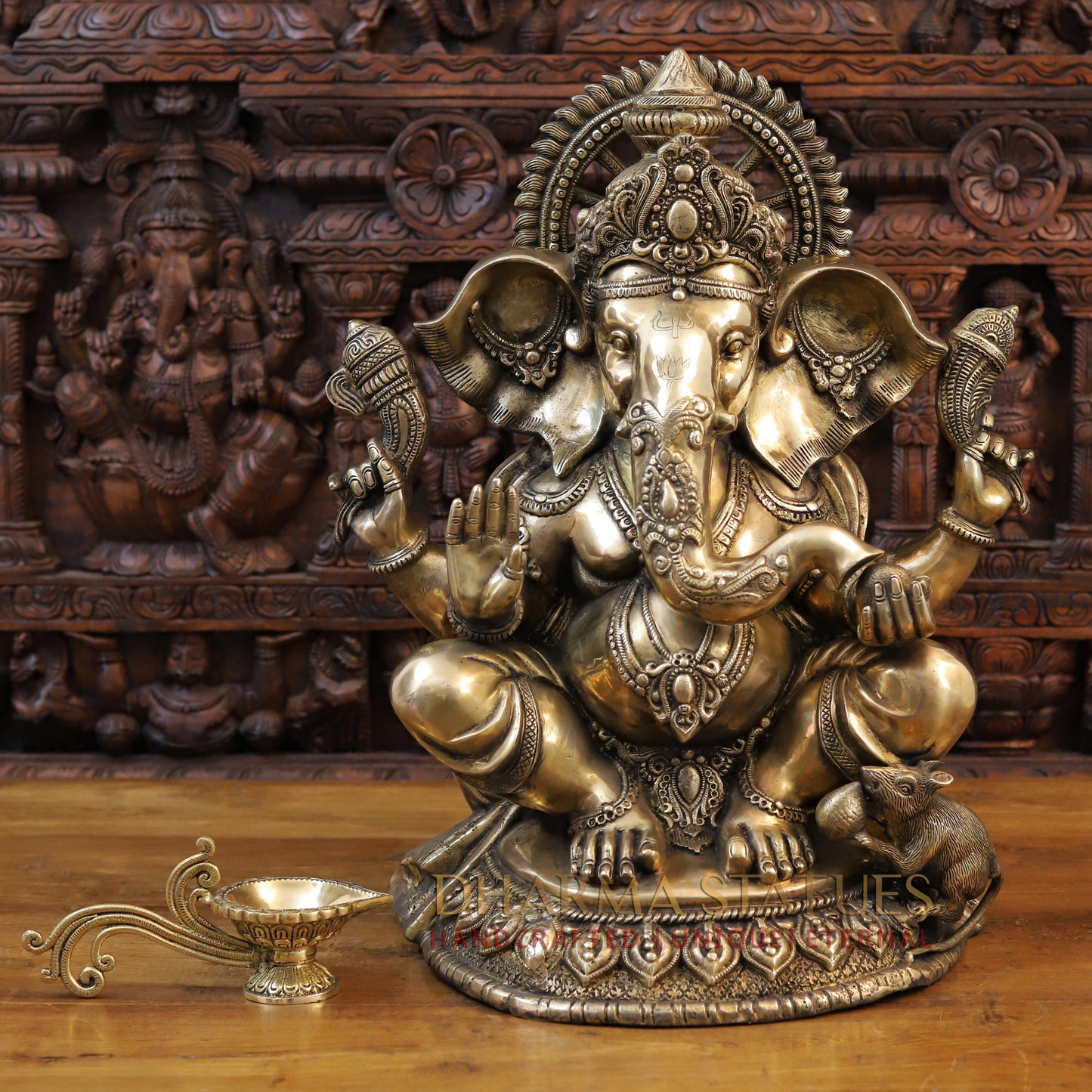 Brass Ganesh Idol, Seated with Mouse, Fine Golden Finish 23.5"