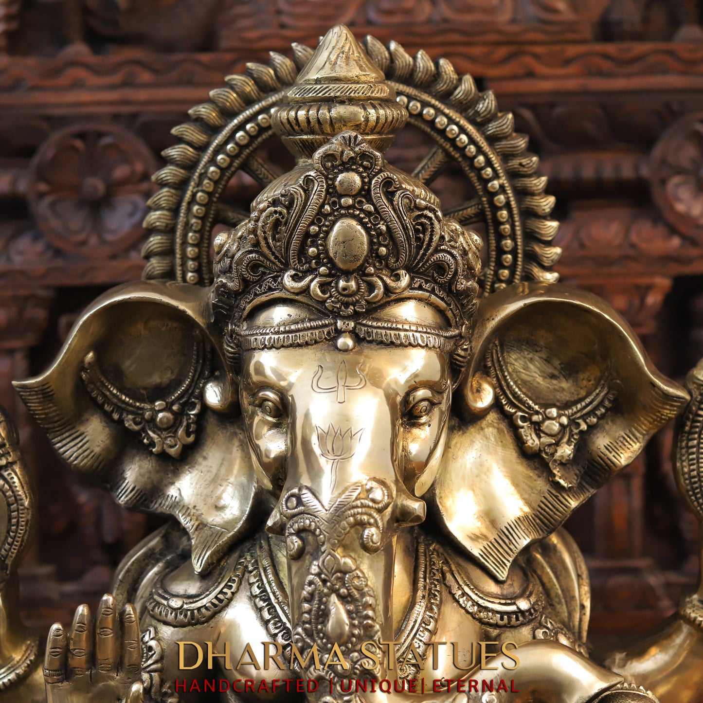Brass Ganesh Idol, Seated with Mouse, Fine Golden Finish 23.5"