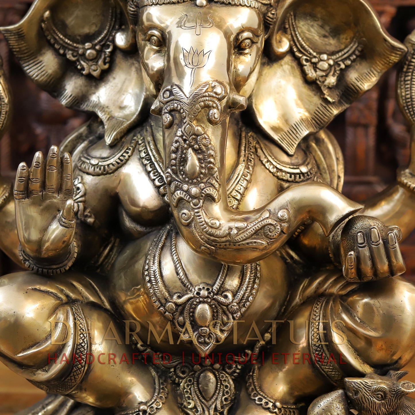 Brass Ganesh Idol, Seated with Mouse, Fine Golden Finish 23.5"