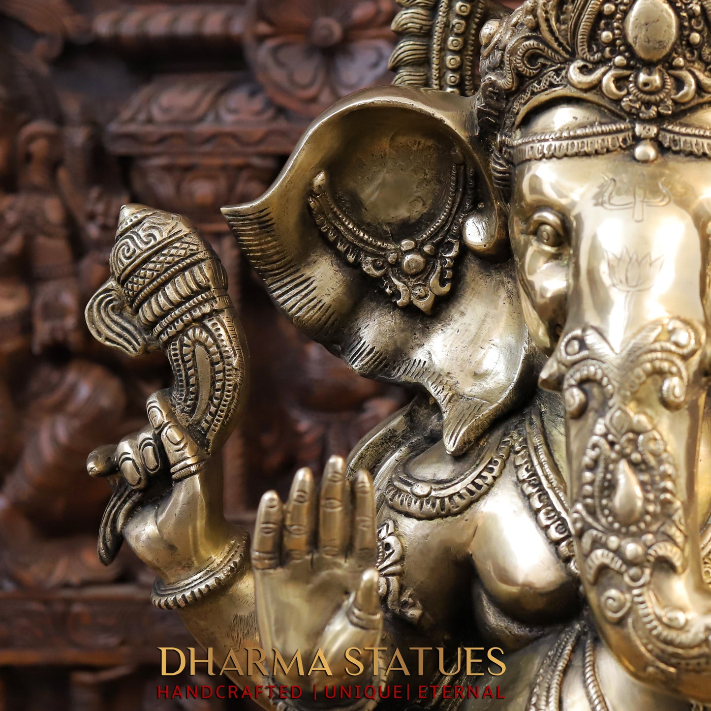 Brass Ganesh Idol, Seated with Mouse, Fine Golden Finish 23.5"