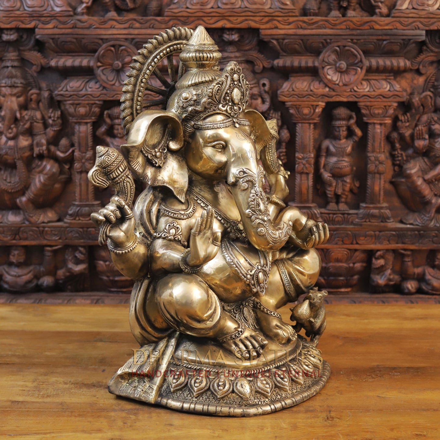 Brass Ganesh Idol, Seated with Mouse, Fine Golden Finish 23.5"