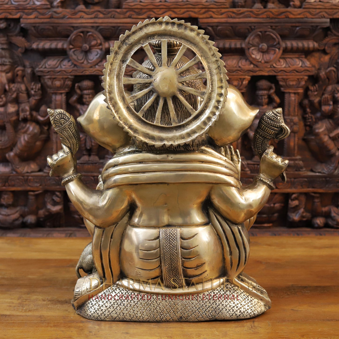 Brass Ganesh Idol, Seated with Mouse, Fine Golden Finish 23.5"