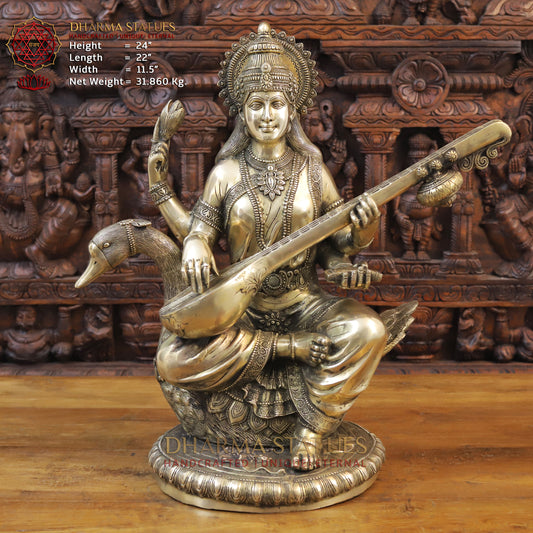 Brass Saraswati Idol, seated on swan, Fine Golden Finish 24"