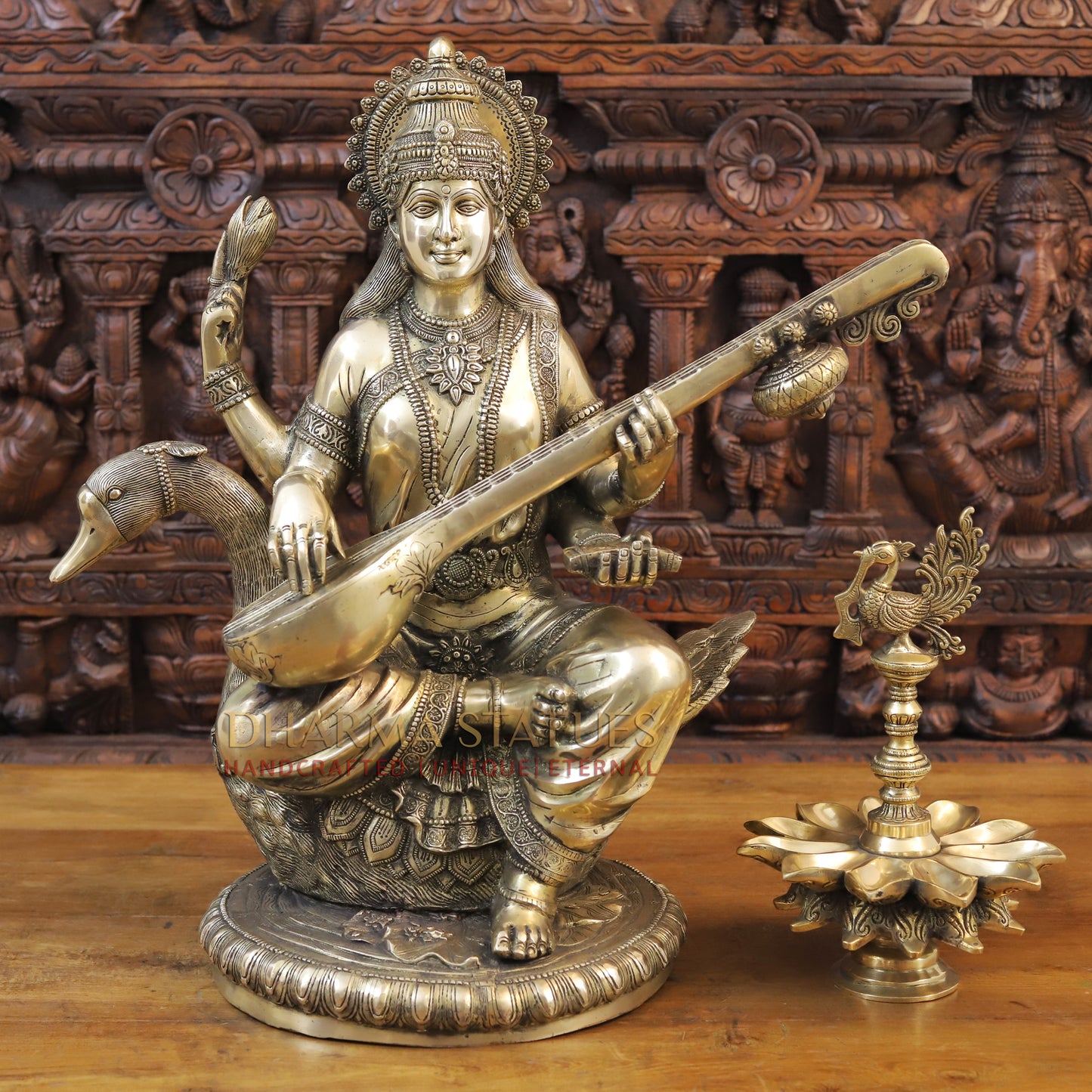 Brass Saraswati Idol, seated on swan, Fine Golden Finish 24"