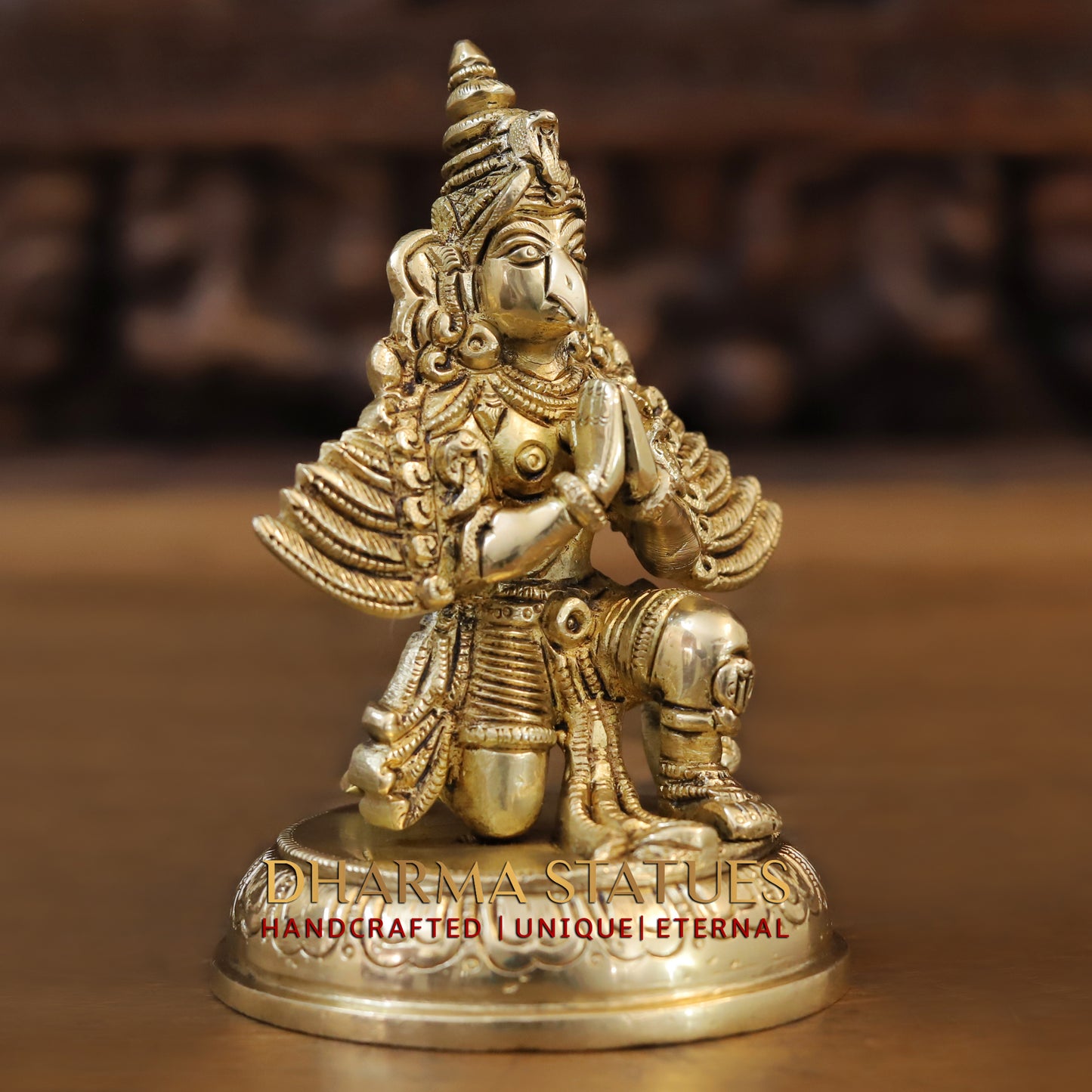 Brass Garuda Idol, Seated on Lotus, Fine Golden Finish 5.5"