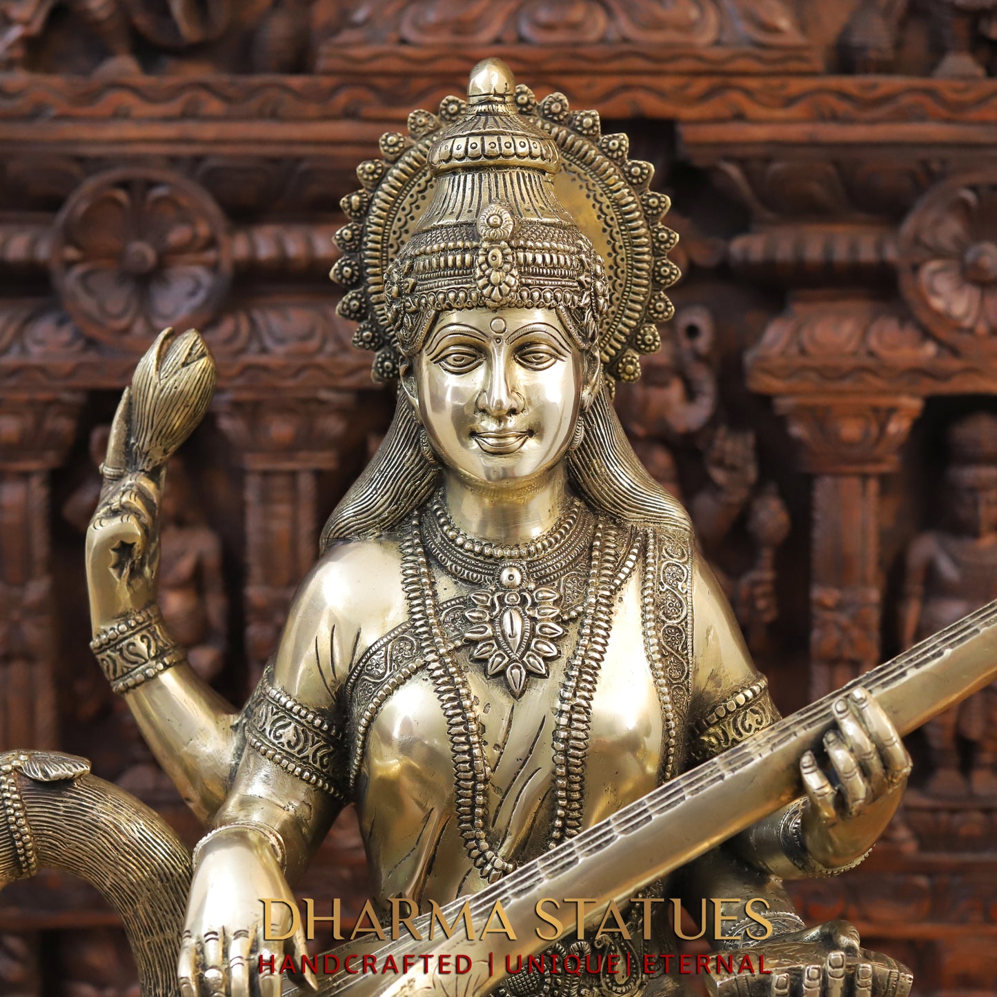 Brass Saraswati Idol, seated on swan, Fine Golden Finish 24"
