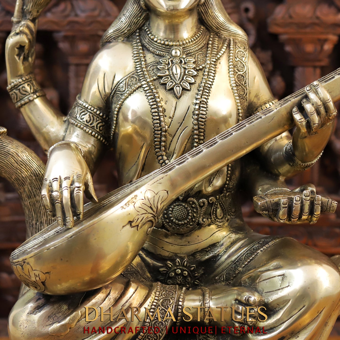 Brass Saraswati Idol, seated on swan, Fine Golden Finish 24"